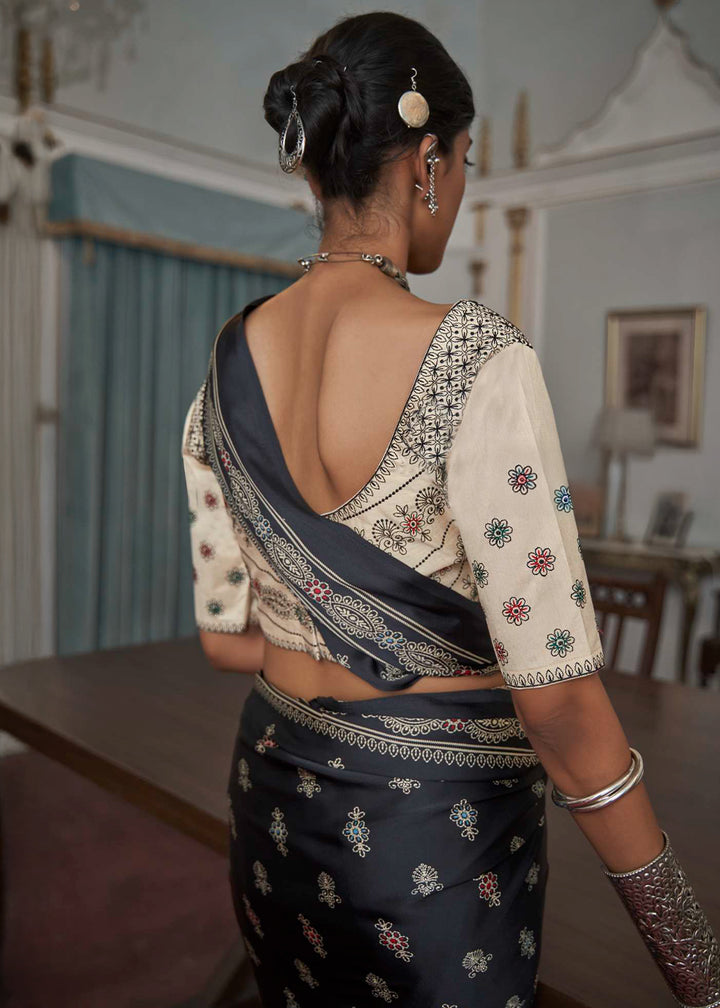 Charcoal Black Digital Printed Gajji Silk Saree Featuring Embroidered Blouse