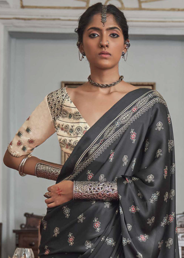 Charcoal Black Digital Printed Gajji Silk Saree Featuring Embroidered Blouse