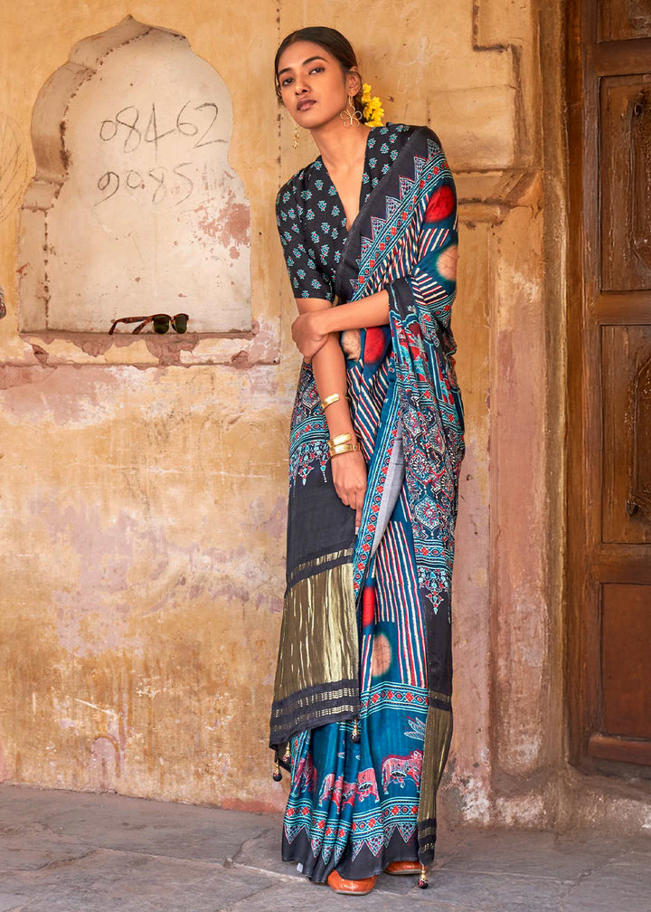 Shades Of Blue Viscose Silk Saree with Ajrakh Print and Gajji Lagdi Pallu