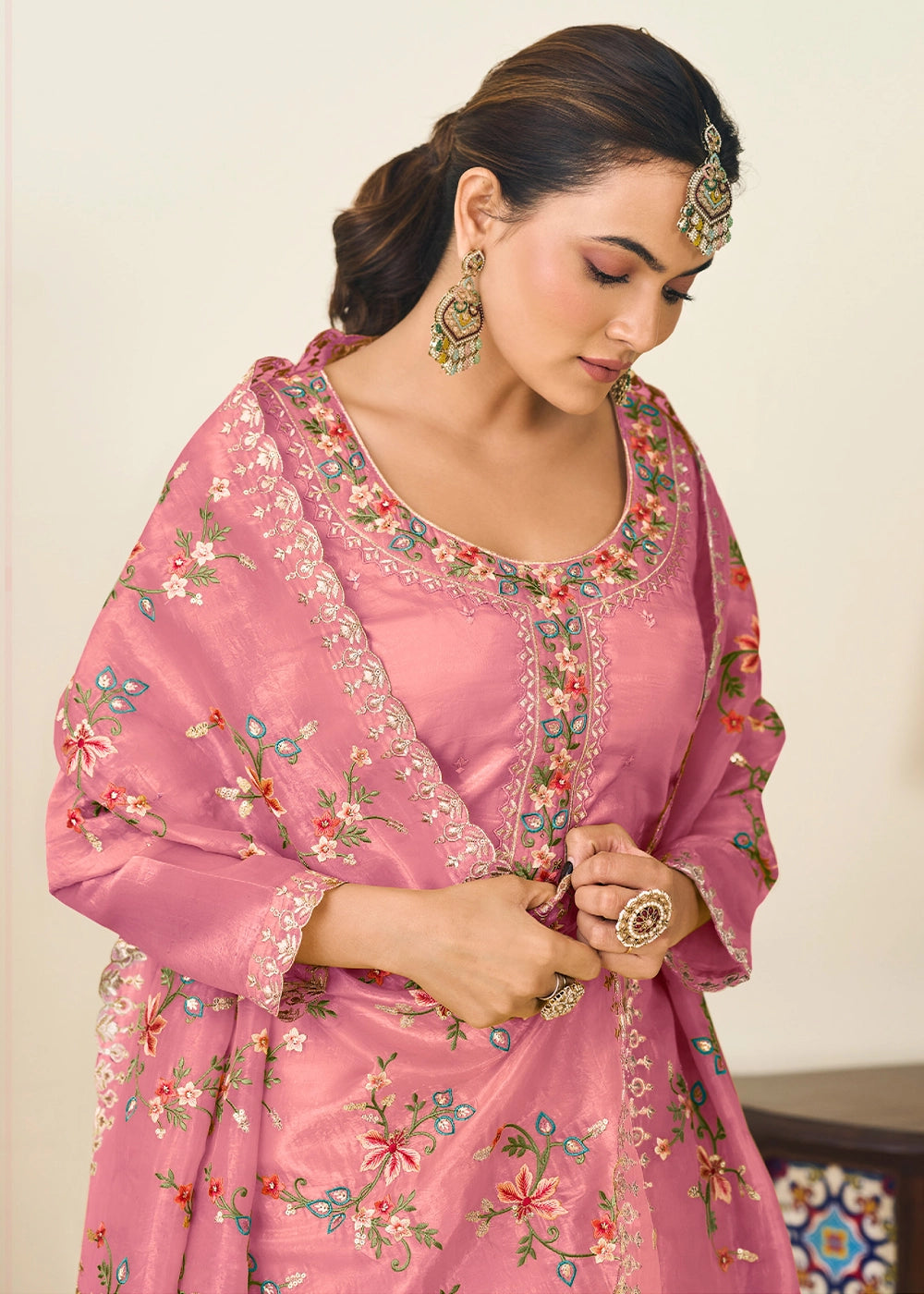 Watermelon Pink Crush Silk Suit Featuring Floral Embroidery
