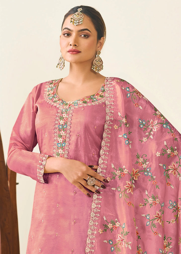 Watermelon Pink Crush Silk Suit Featuring Floral Embroidery