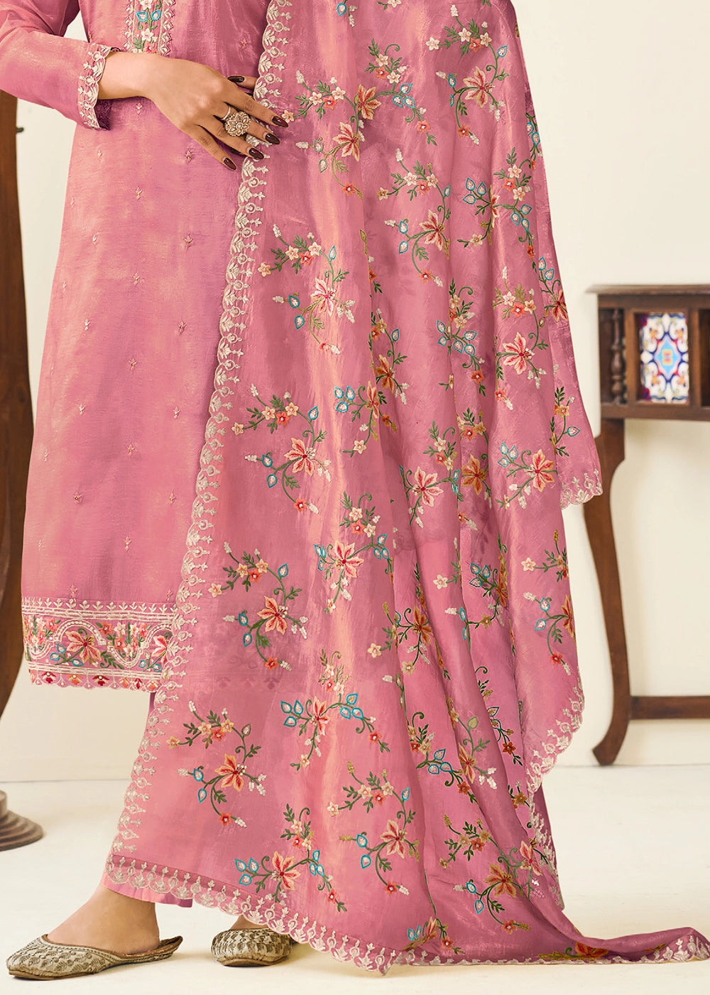 Watermelon Pink Crush Silk Suit Featuring Floral Embroidery