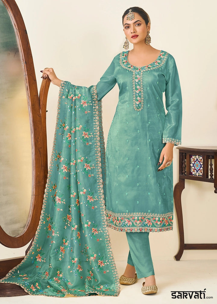 Turkish Blue Crush Silk Suit Featuring Floral Embroidery