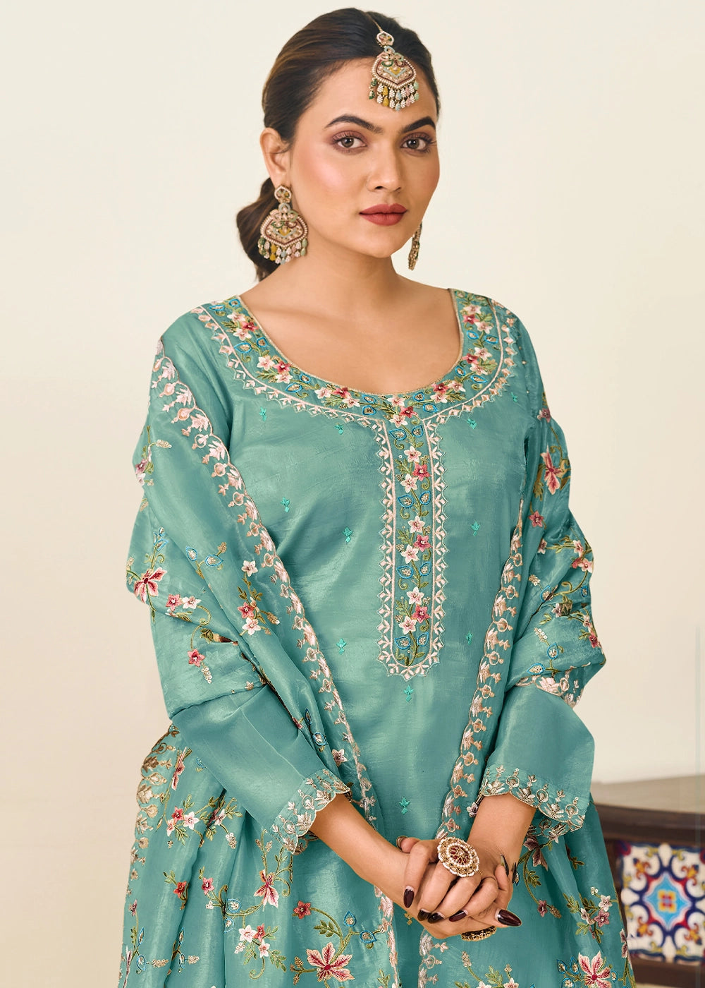 Turkish Blue Crush Silk Suit Featuring Floral Embroidery