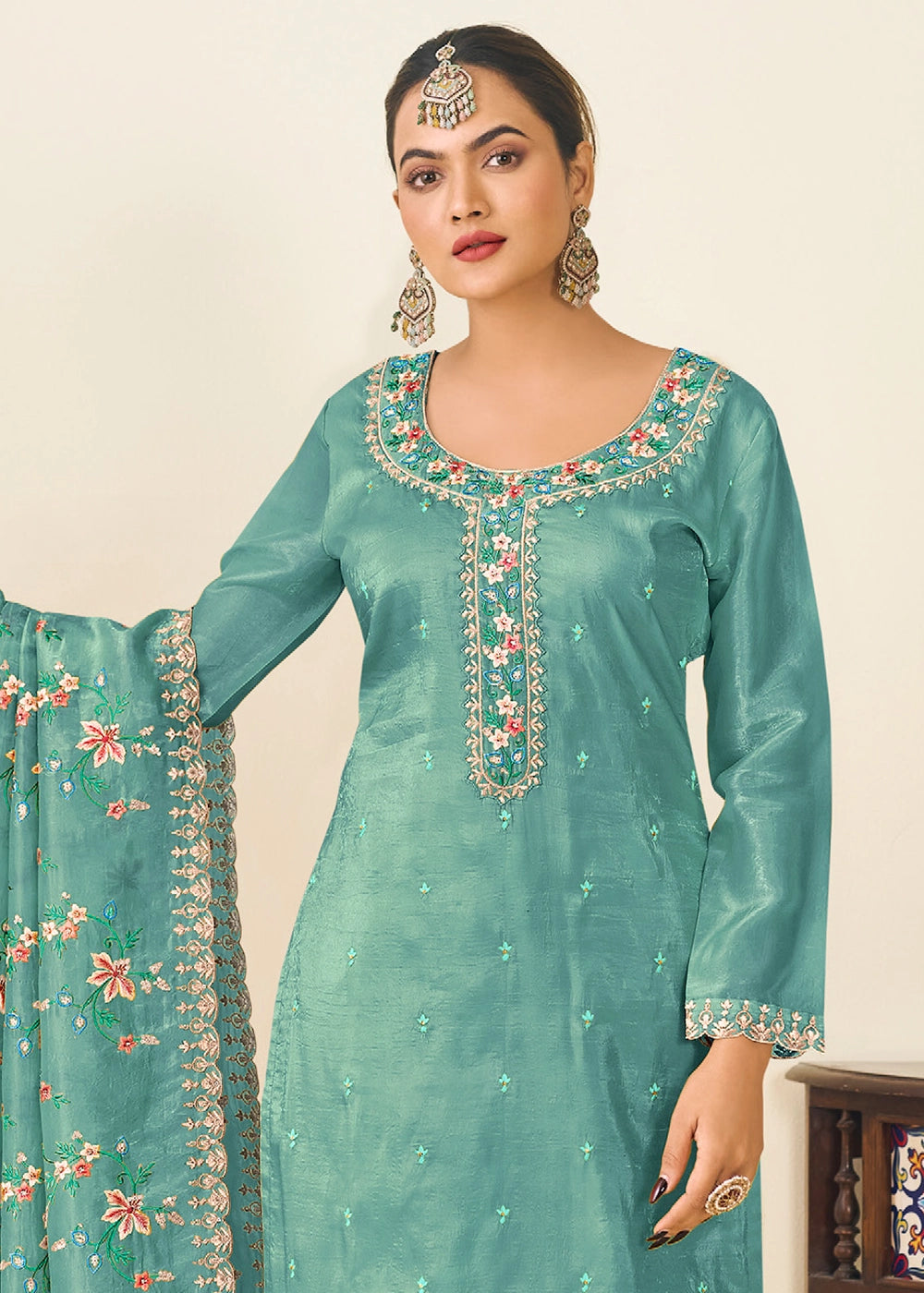 Turkish Blue Crush Silk Suit Featuring Floral Embroidery