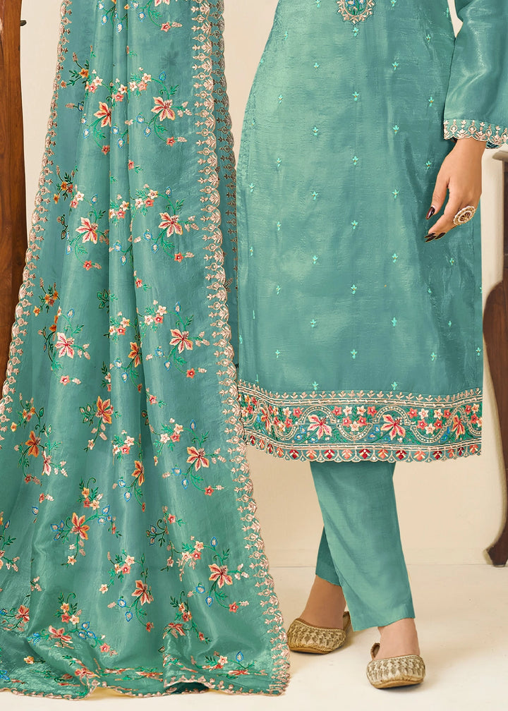 Turkish Blue Crush Silk Suit Featuring Floral Embroidery