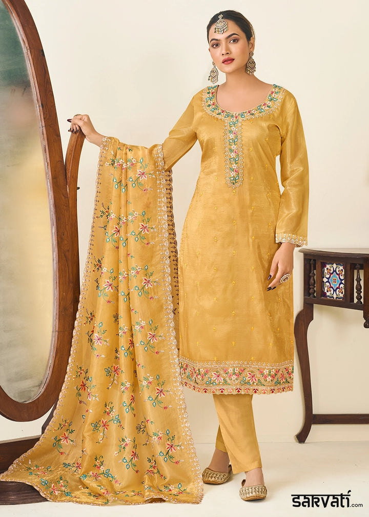 Dandelion Yellow Crush Silk Suit Featuring Floral Embroidery