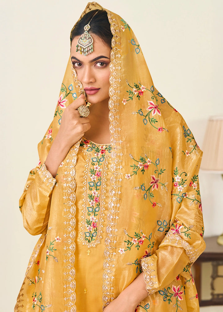 Dandelion Yellow Crush Silk Suit Featuring Floral Embroidery