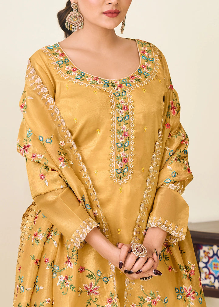 Dandelion Yellow Crush Silk Suit Featuring Floral Embroidery