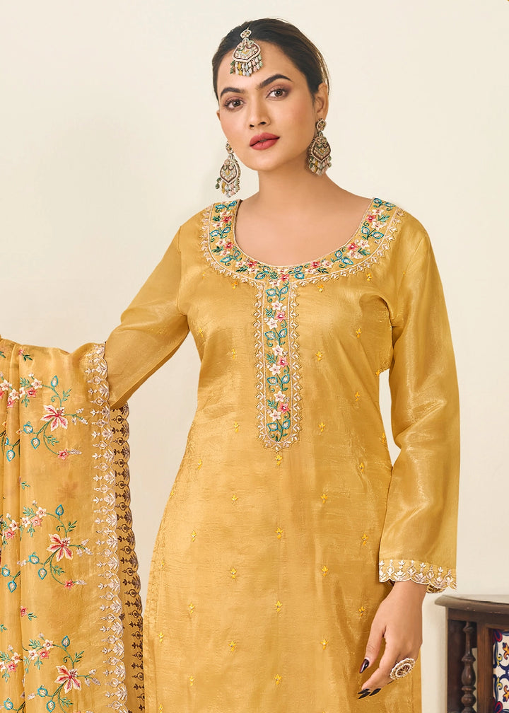 Dandelion Yellow Crush Silk Suit Featuring Floral Embroidery