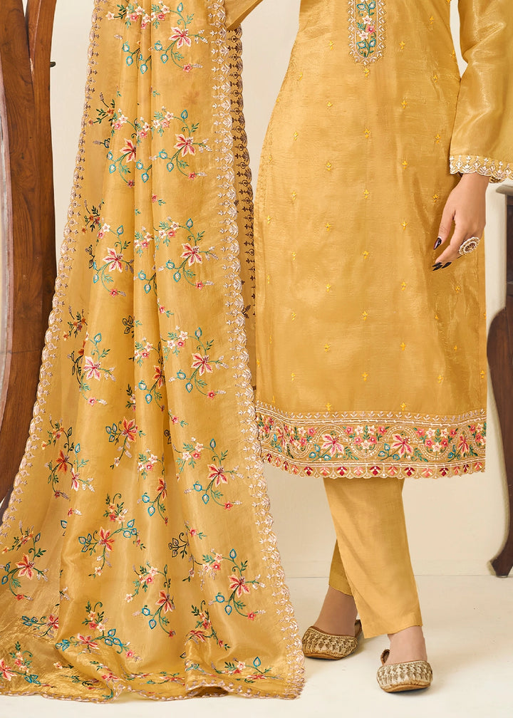 Dandelion Yellow Crush Silk Suit Featuring Floral Embroidery