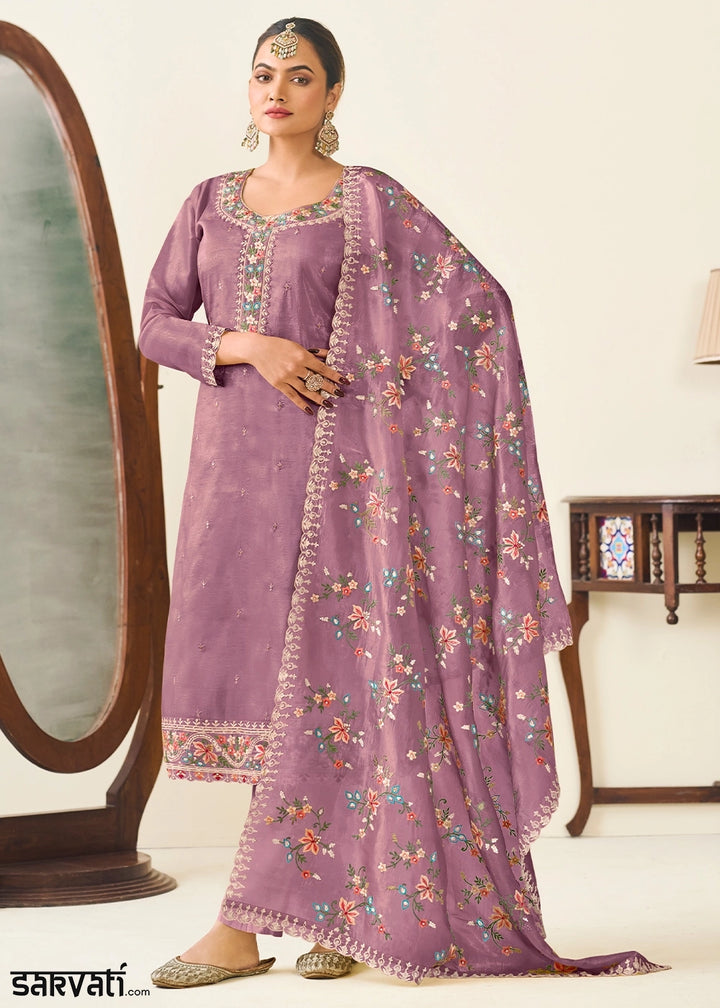 Pearly Purple Crush Silk Suit Featuring Floral Embroidery