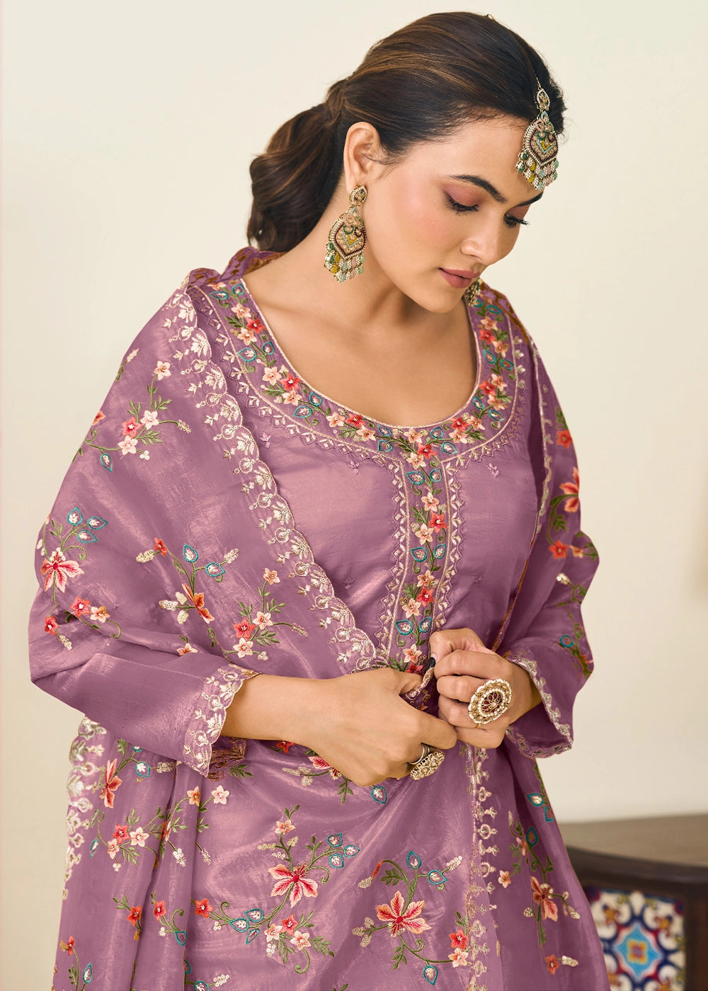 Pearly Purple Crush Silk Suit Featuring Floral Embroidery