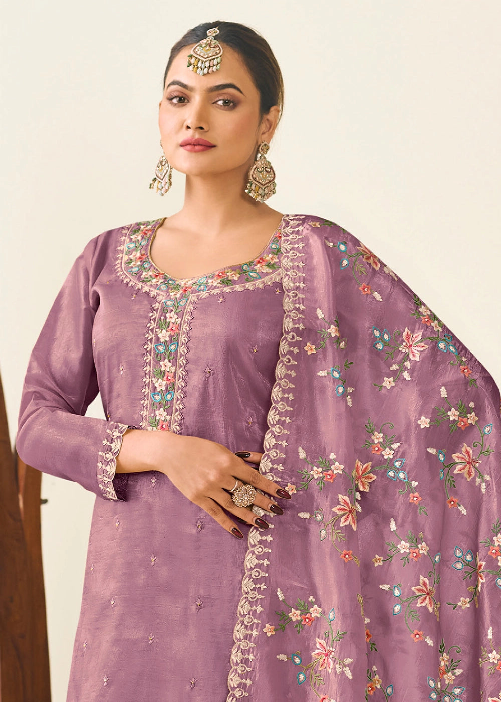 Pearly Purple Crush Silk Suit Featuring Floral Embroidery