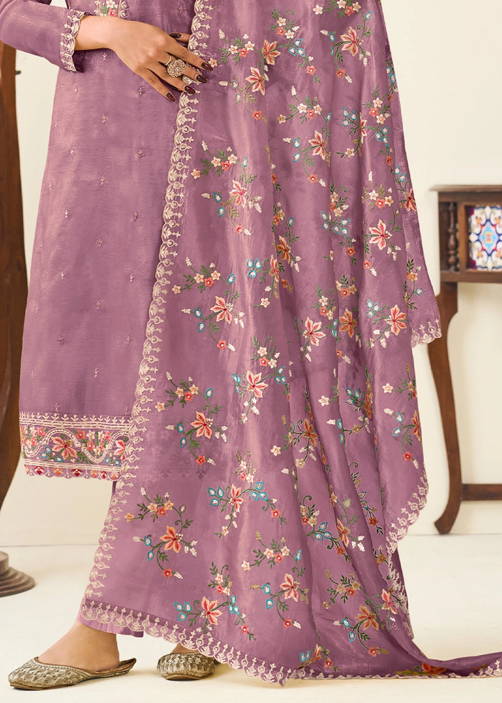 Pearly Purple Crush Silk Suit Featuring Floral Embroidery