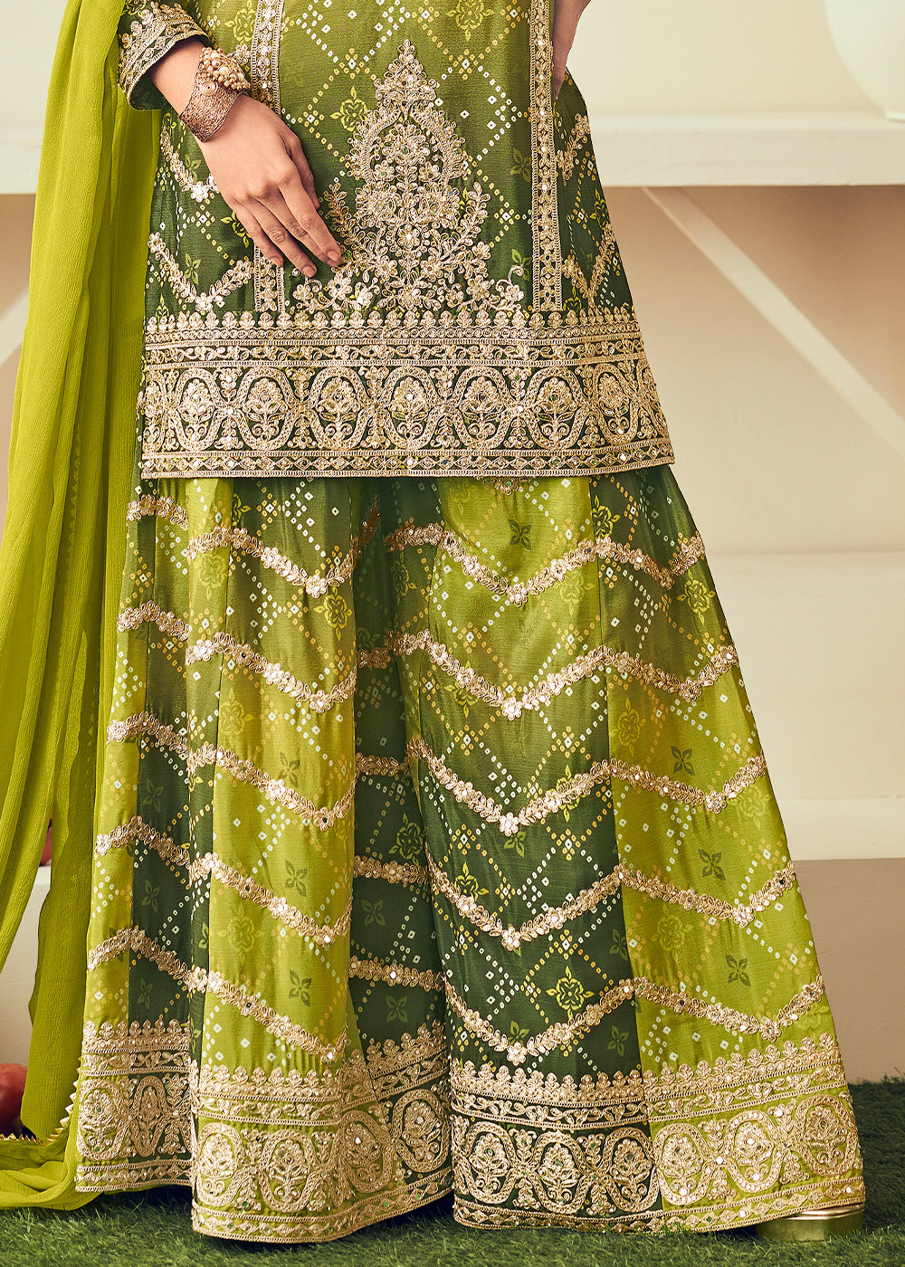 Shades Of Green Palazzo Suit with Chinon Silk, Mirror & Jarkan Embellishments