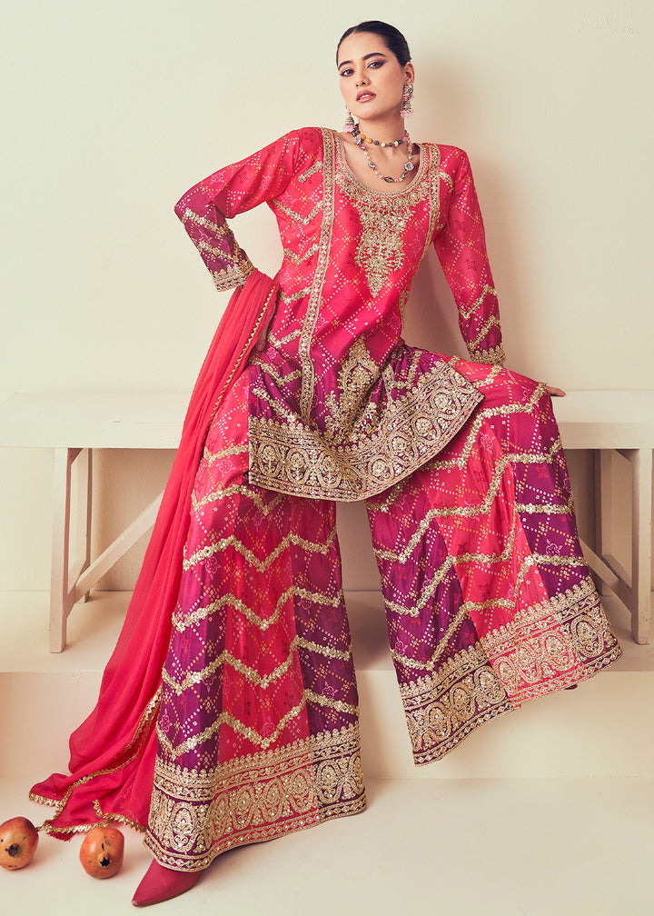 Pink & Purple Palazzo Suit with Chinon Silk, Mirror & Jarkan Embellishments