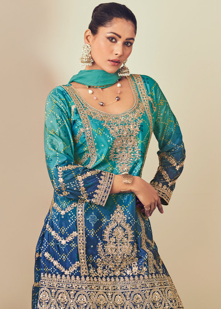 Shades Of Blue Palazzo Suit with Chinon Silk, Mirror & Jarkan Embellishments