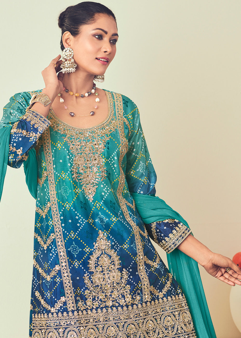 Shades Of Blue Palazzo Suit with Chinon Silk, Mirror & Jarkan Embellishments