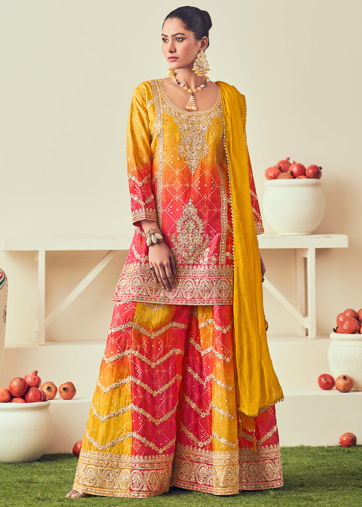 Yellow & Red Palazzo Suit with Chinon Silk, Mirror & Jarkan Embellishments