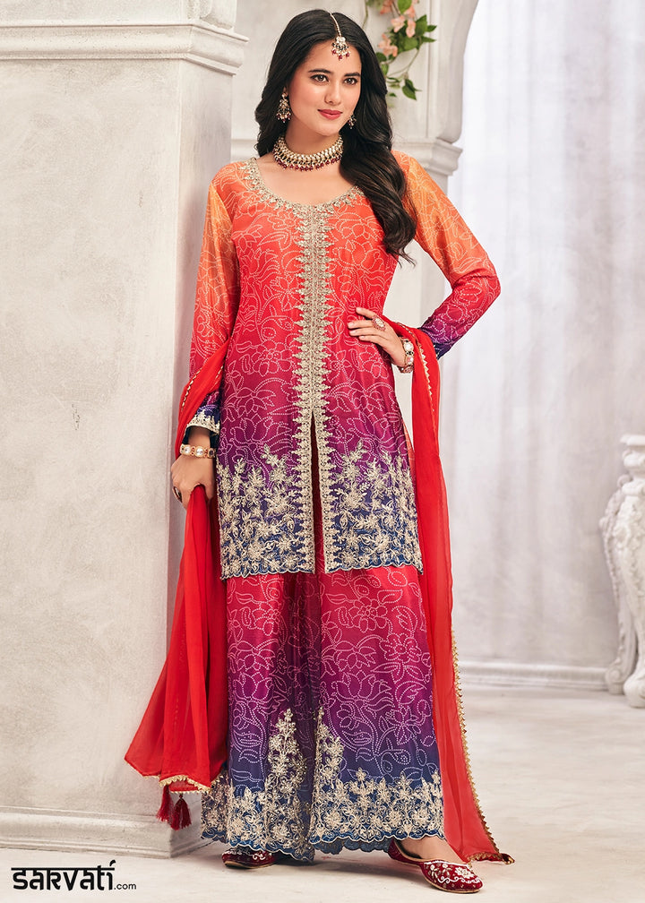 Graceful Orange Pink Embroidered Palazzo Suit in Flowing Chinon Silk