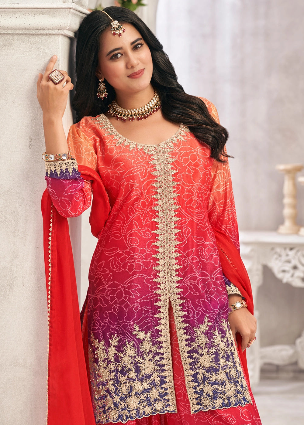 Graceful Orange Pink Embroidered Palazzo Suit in Flowing Chinon Silk