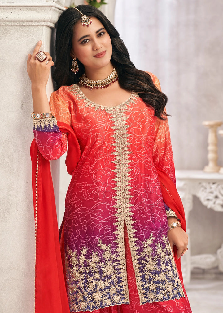 Graceful Orange Pink Embroidered Palazzo Suit in Flowing Chinon Silk