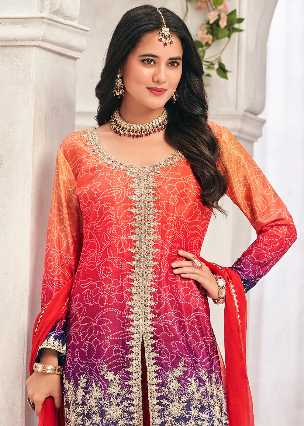 Graceful Orange Pink Embroidered Palazzo Suit in Flowing Chinon Silk