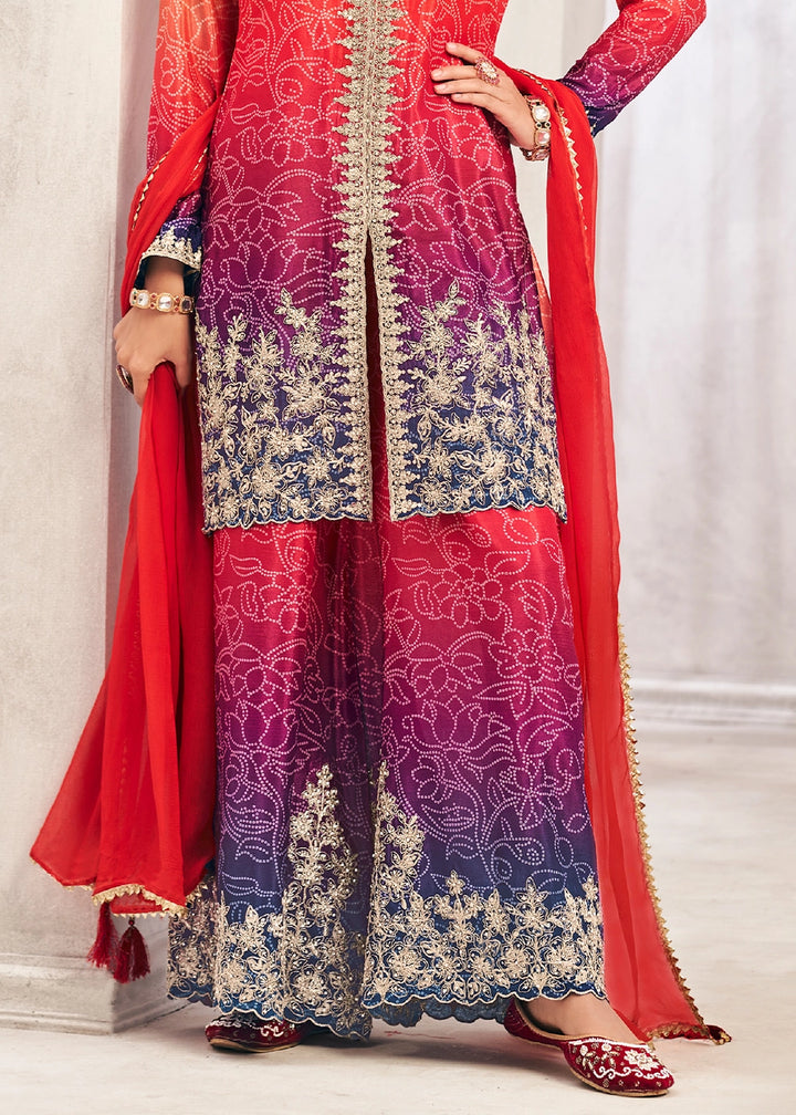Graceful Orange Pink Embroidered Palazzo Suit in Flowing Chinon Silk
