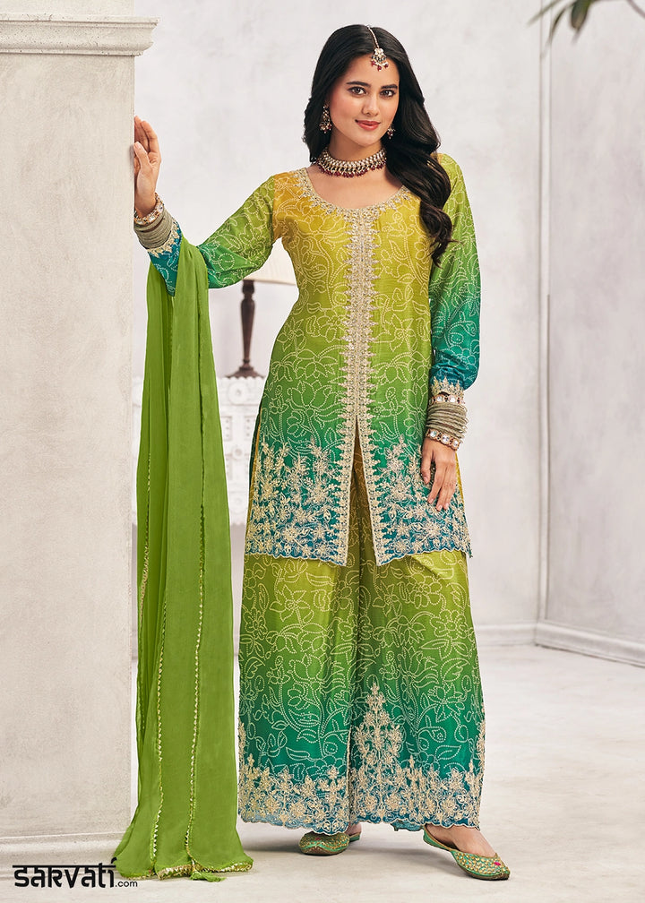 Graceful Green Yellow Embroidered Palazzo Suit in Flowing Chinon Silk