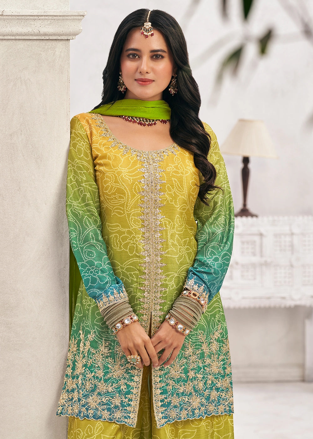 Graceful Green Yellow Embroidered Palazzo Suit in Flowing Chinon Silk