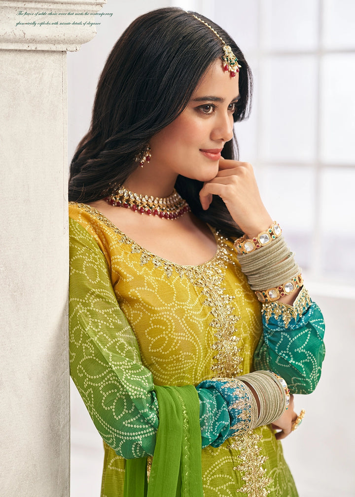 Graceful Green Yellow Embroidered Palazzo Suit in Flowing Chinon Silk