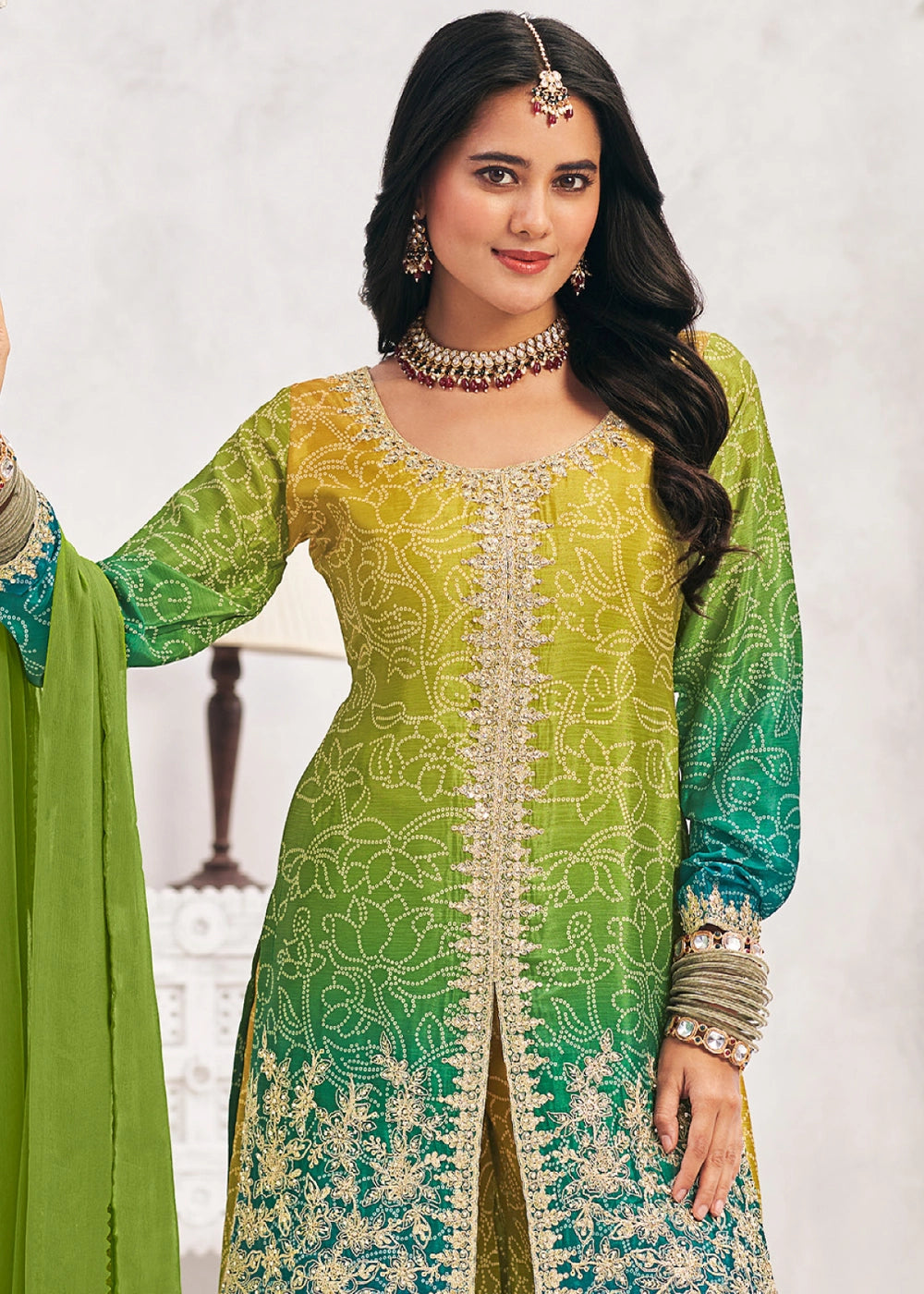 Graceful Green Yellow Embroidered Palazzo Suit in Flowing Chinon Silk