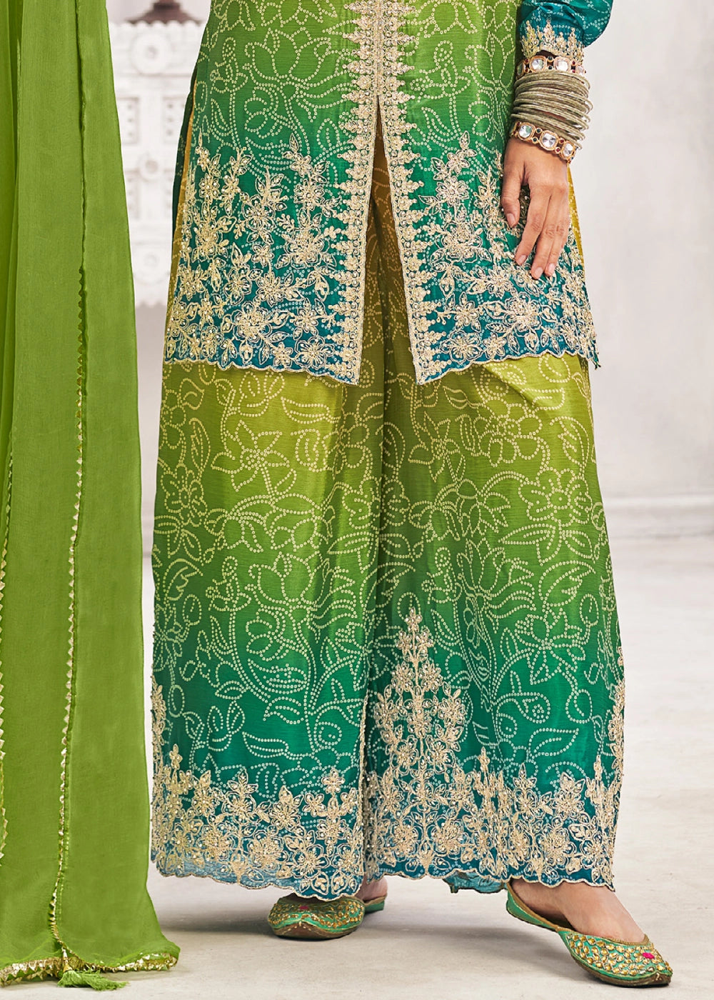 Graceful Green Yellow Embroidered Palazzo Suit in Flowing Chinon Silk
