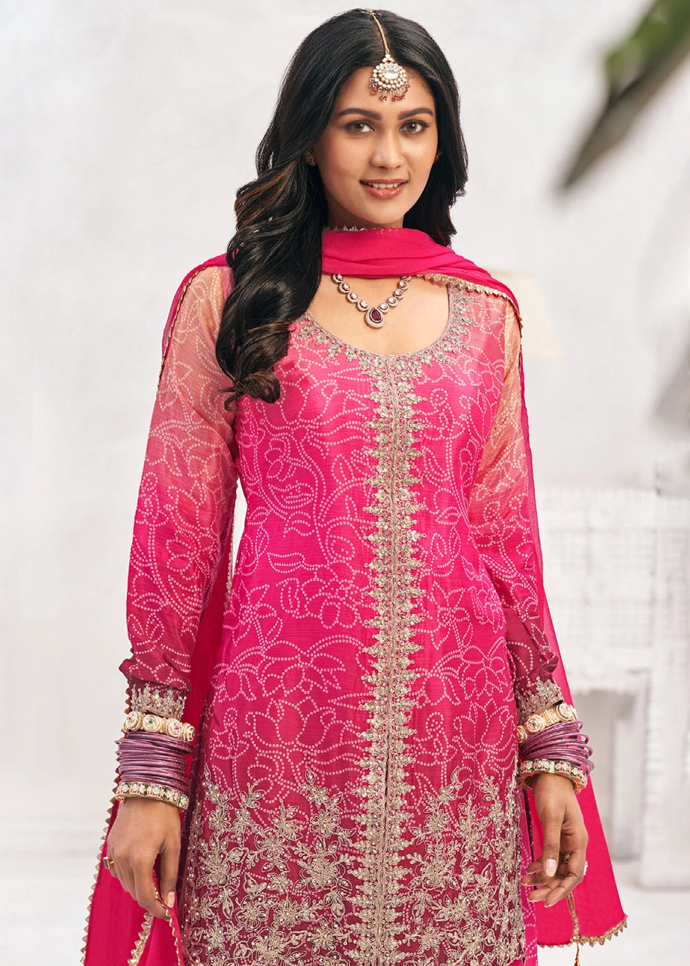 Graceful Shaded Pink Embroidered Palazzo Suit in Flowing Chinon Silk
