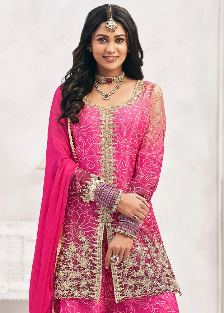 Graceful Shaded Pink Embroidered Palazzo Suit in Flowing Chinon Silk