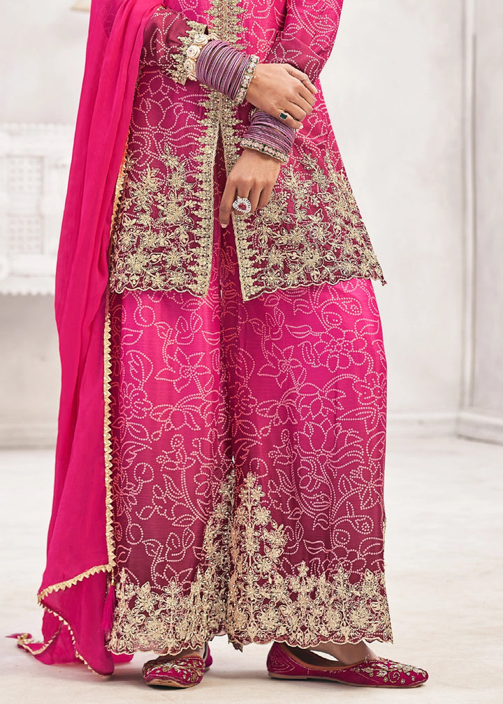 Graceful Shaded Pink Embroidered Palazzo Suit in Flowing Chinon Silk