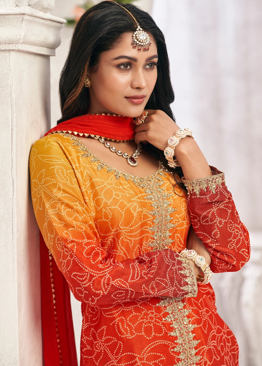 Graceful Orange Yellow Embroidered Palazzo Suit in Flowing Chinon Silk