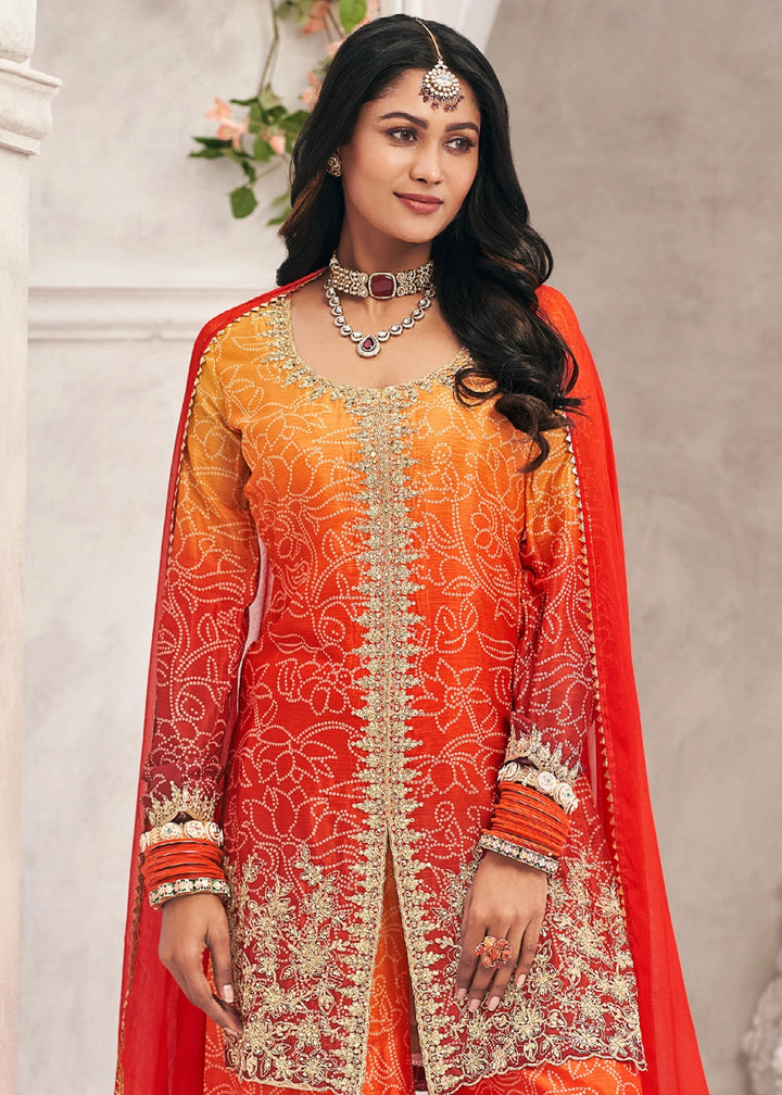 Graceful Orange Yellow Embroidered Palazzo Suit in Flowing Chinon Silk