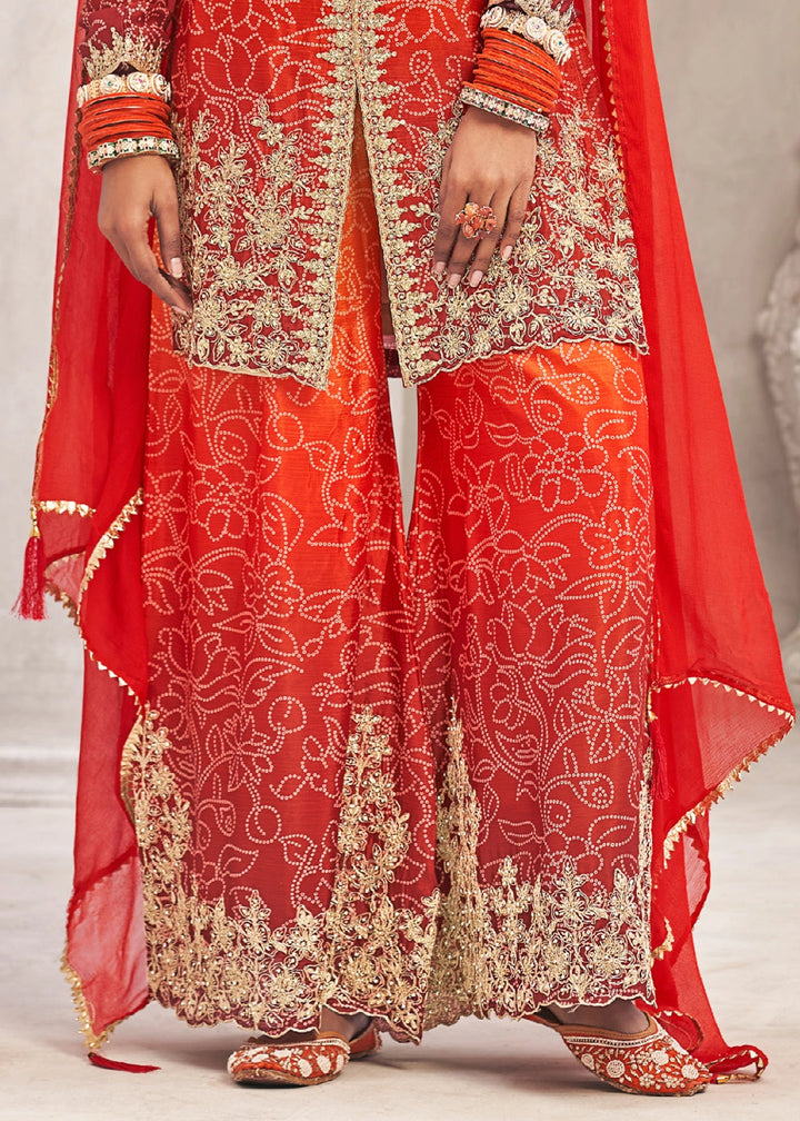 Graceful Orange Yellow Embroidered Palazzo Suit in Flowing Chinon Silk