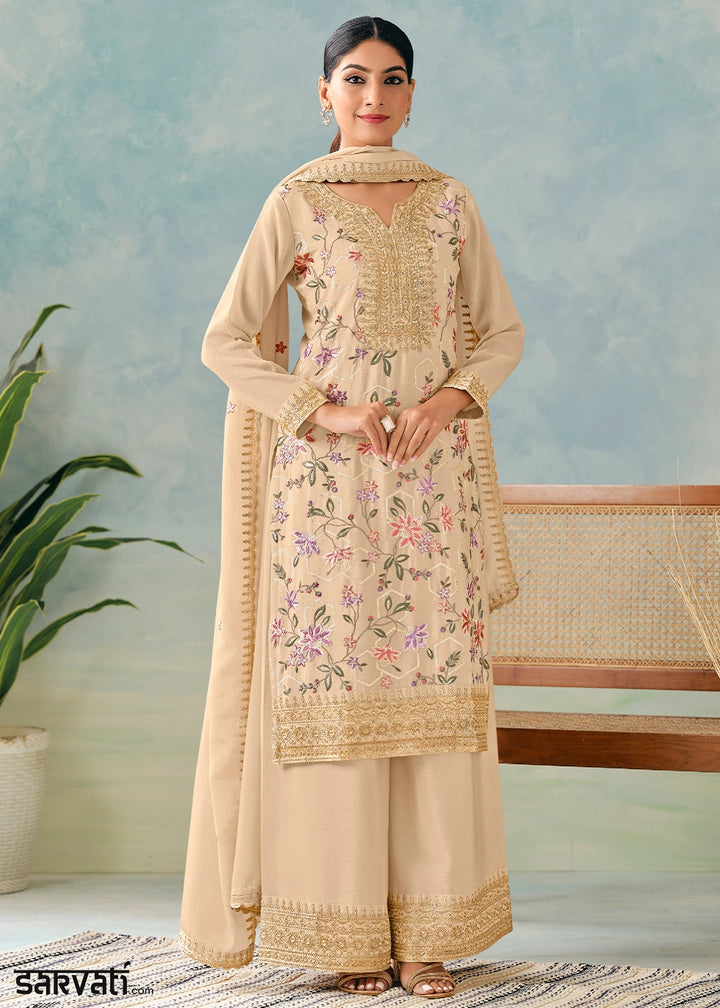 Beige Brown Palazzo Suit in Chinon Silk with Intricate Embroidery