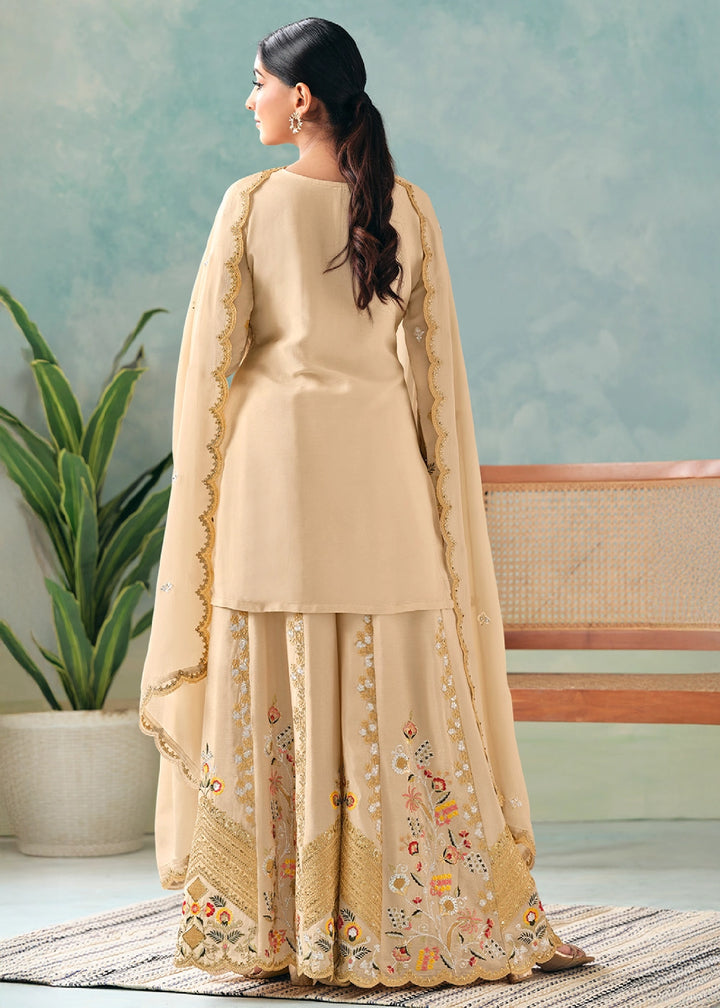 Beige Brown Palazzo Suit in Chinon Silk with Intricate Embroidery