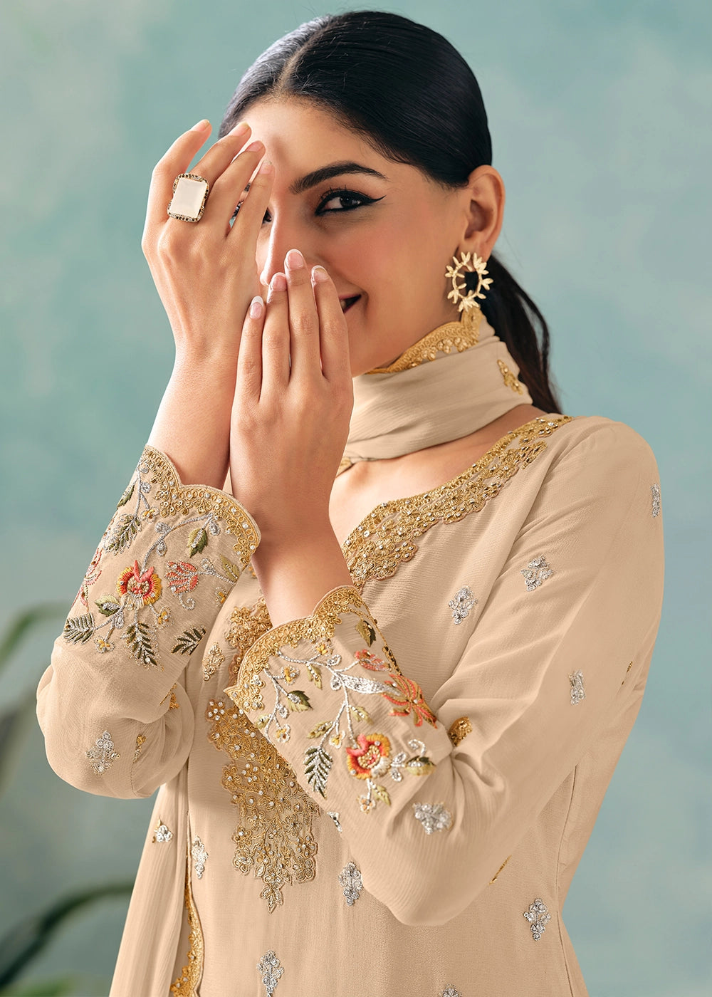 Beige Brown Palazzo Suit in Chinon Silk with Intricate Embroidery