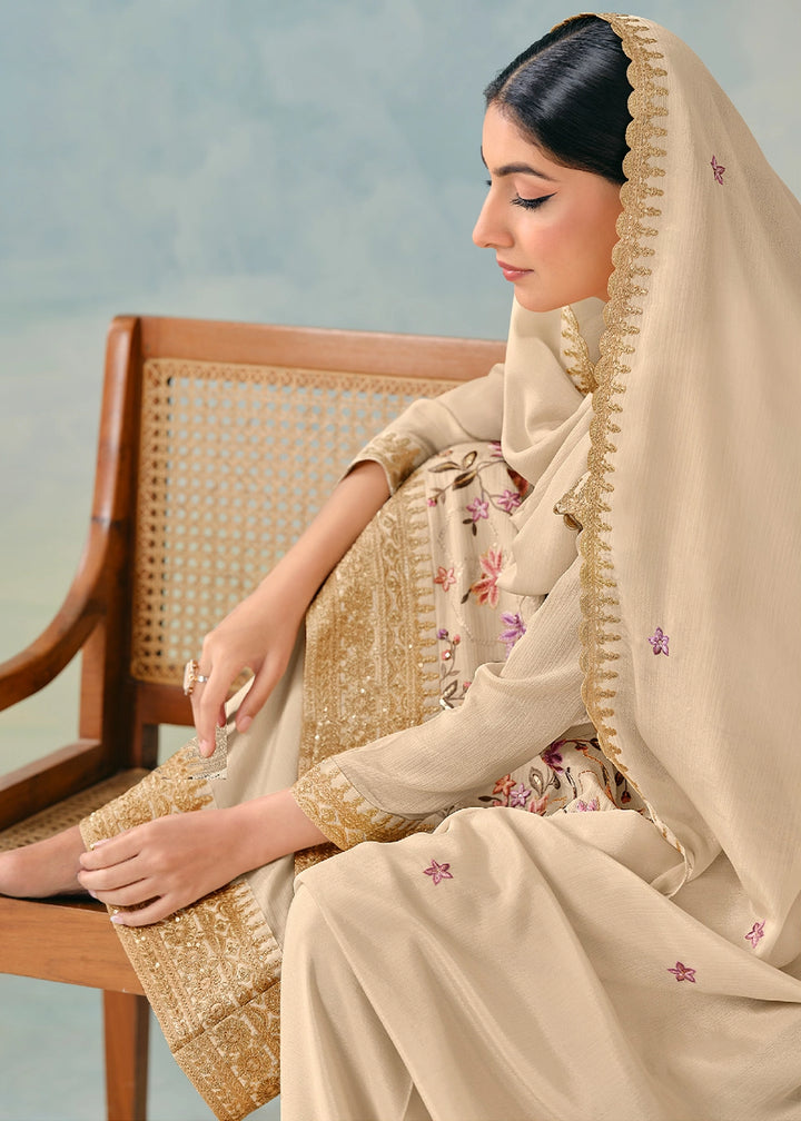 Beige Brown Palazzo Suit in Chinon Silk with Intricate Embroidery