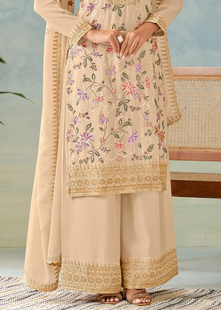 Beige Brown Palazzo Suit in Chinon Silk with Intricate Embroidery