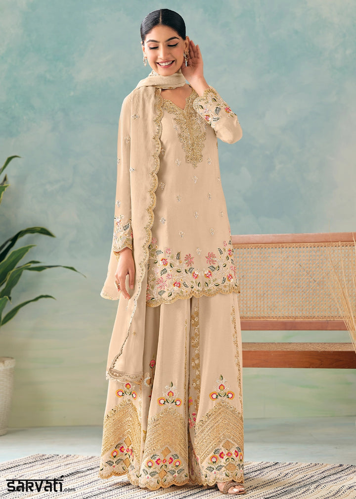 Beige Brown Palazzo Suit in Chinon Silk with Intricate Embroidery