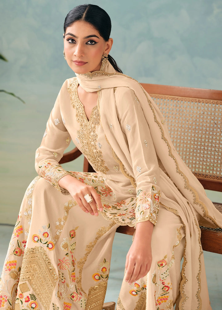 Beige Brown Palazzo Suit in Chinon Silk with Intricate Embroidery