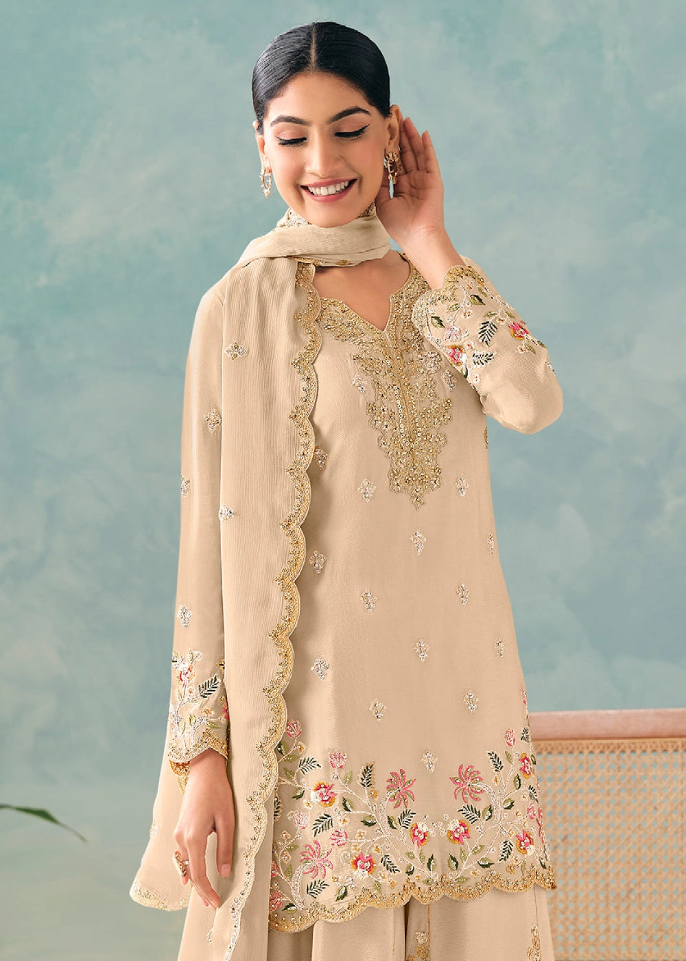 Beige Brown Palazzo Suit in Chinon Silk with Intricate Embroidery