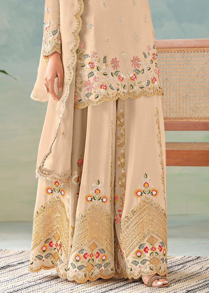 Beige Brown Palazzo Suit in Chinon Silk with Intricate Embroidery