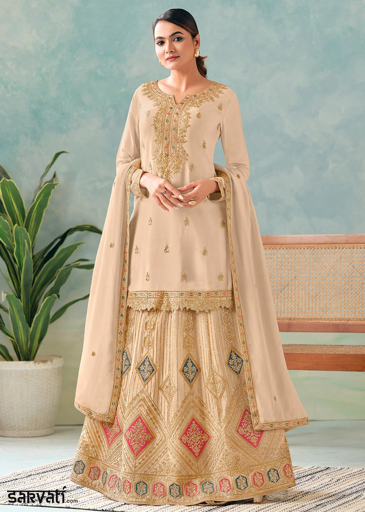 Beige Brown Skirt & Top in Chinon Silk with Intricate Embroidery